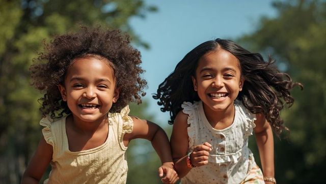Joyful girls running hand in hand through sunlit park wearing ruffled summer dresses
