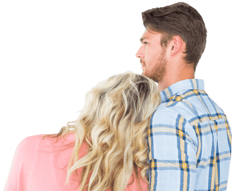 Transparent close bond of couple embracing from behind view