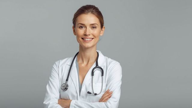 Confident female doctor with stethoscope crossed arms