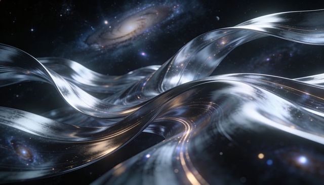 Flowing Metallic Ribbons Twisting Through Cosmic Starfield Reflecting Spiral Galaxy Lights
