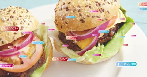 Gourmet Cheeseburgers with Digital Numeric Tags Representing Data Analytics