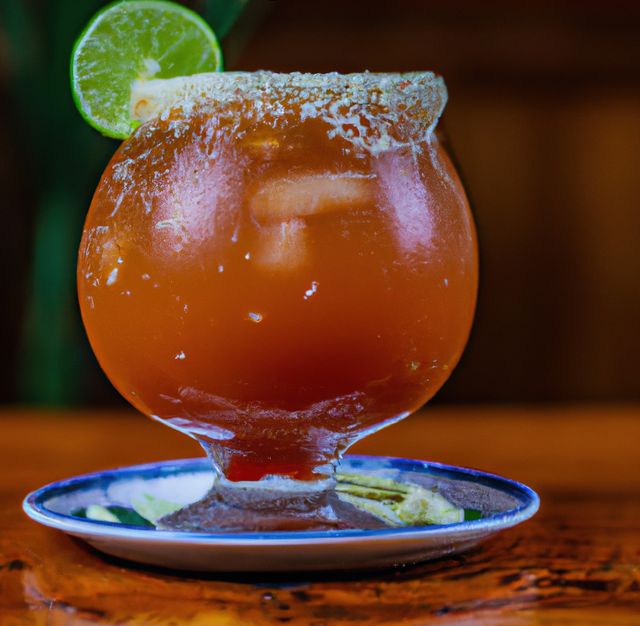 Refreshing Michelada with fresh lime slice on a table, perfect for use in food and drink content, menus, bar and restaurant advertising, or articles about Mexican cuisine. Ideal for showcasing refreshing summer beverages.