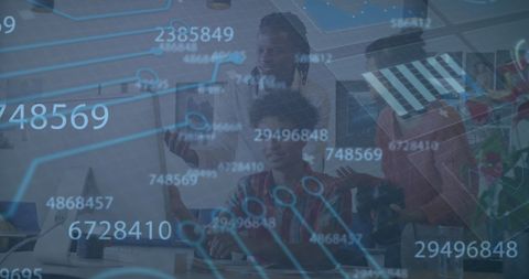 Diverse Friends Collaborating on Tablet with Digital Overlays