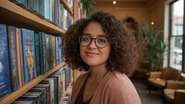 Smiling woman browsing bookshelf in cozy bookshop cafe wearing glasses and cardigan