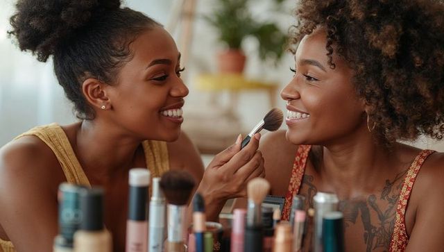 Friends sharing makeup moment applying blush and smiling at home vanity celebrating selfcare