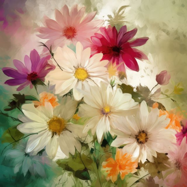 Vibrant impressionist painting showcasing an array of colorful wildflowers, blending various hues in an abstract style. Ideal for wall art, home decor, or backgrounds for digital projects. Perfect for adding a touch of nature and color to any space.
