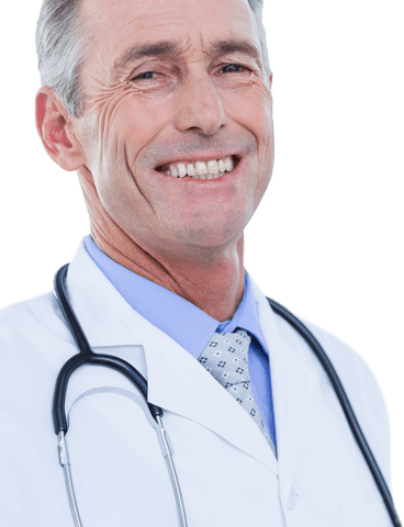 Close-up of smiling senior doctor on transparent background