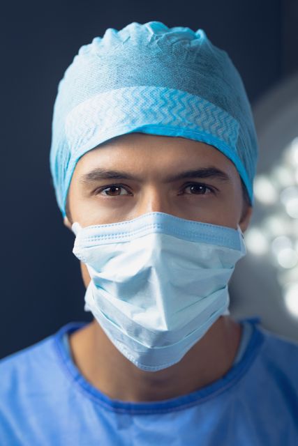 This image depicts a male surgeon wearing a surgical mask and cap in a hospital operation room. He is looking at the camera, suggesting focus and professionalism. This photo is ideal for use in medical and healthcare-related content, such as websites, brochures, or advertisements for hospitals, clinics, medical equipment, and surgical procedures.