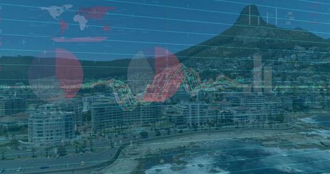 Coastal City Skyline with Finance Reports Overlay