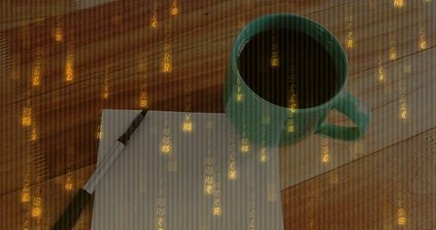 Coffee Cup on Desk with Currency Overlay Symbolizing Financial Success