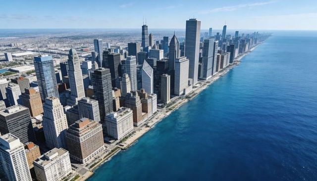 Aerial lakefront skyline of chicago high-rise skyscrapers lining waterfront promenade