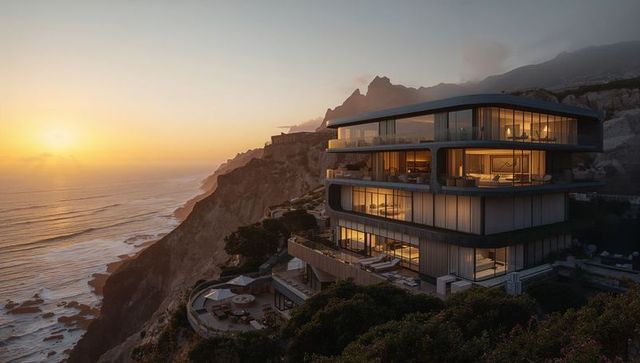 Cliffside modern luxury villa with curved glass balconies overlooking sunset ocean panorama