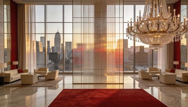 Leading red carpet guiding toward panoramic city skyline through glass luxury hotel lobby