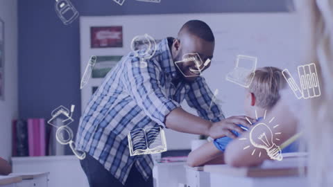 Inspiring Teacher with School Items Overlay Encourages Students