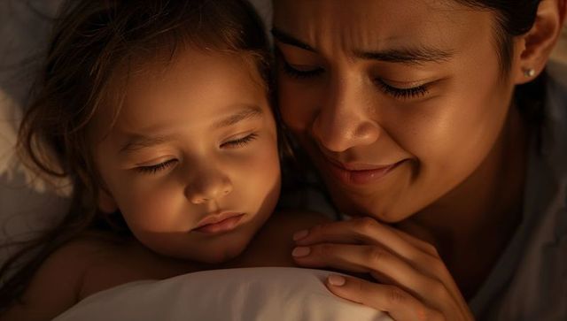Mother cuddling sleeping child in warm bedside light, tender maternal bond and comfort