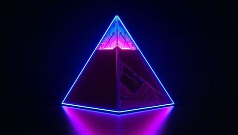 Glowing Glass Pyramid Emitting Neon Magenta and Cyan Light on Glossy Reflective Floor