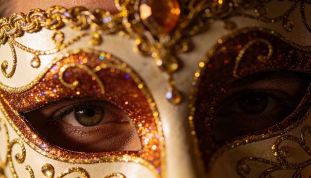 Revealing venetian masquerade mask with amber gemstone and glittering filigree gaze