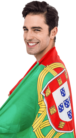 Smiling male athlete posing with transparent portugal flag