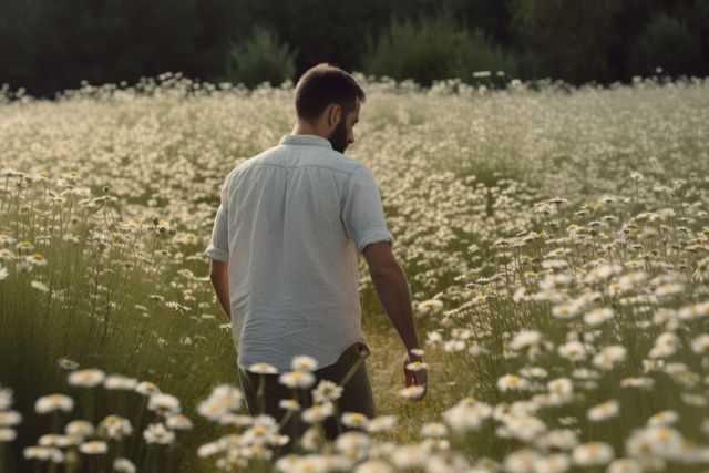 Caucasian man walking in meadow with multiple white daisies created using generative ai technology. Flowers, nature and harmony concept digitally generated image.