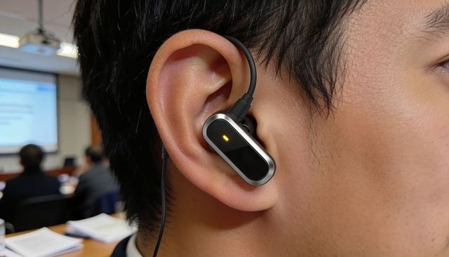 Asian man wearing wired earbud with yellow led during business meeting closeup ear detail