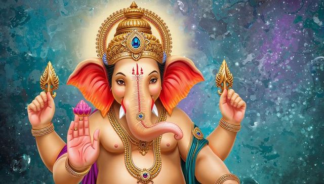 Ganesha in Cosmic Realm with Lotus and Axe