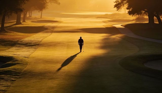 Sunrise silhouette golfer walking down tree-lined fairway at golden hour