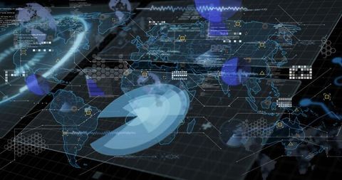 Projecting global holographic dashboard displaying radar arcs and real-time analytics