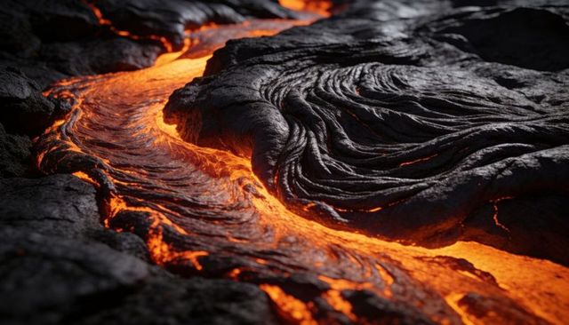 Glowing pahoehoe lava flow cutting through dark ropy crust with molten channel detail