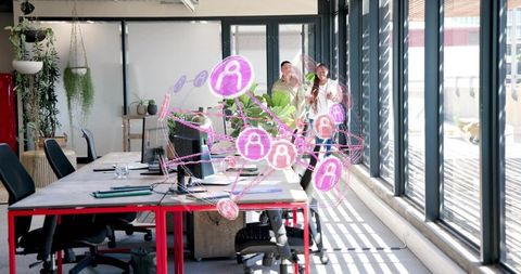 Bright coworking office with team arriving and augmented reality network hovering above desks