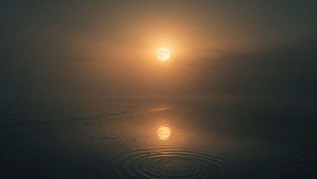 Full Moon Reflection Over Misty Lake at Dusk