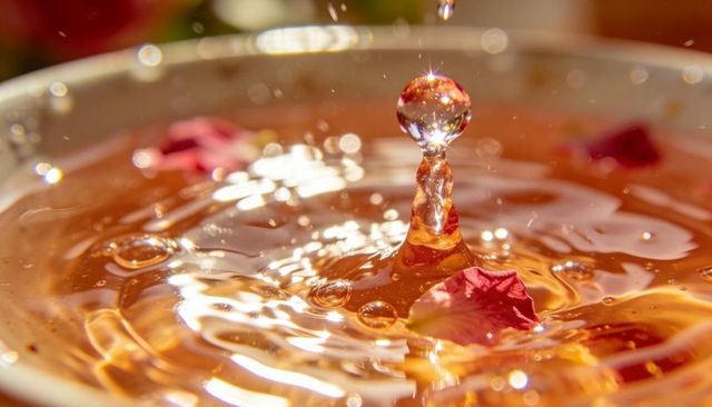 Golden amber water droplet rising from glossy liquid with rose petals and bokeh highlights