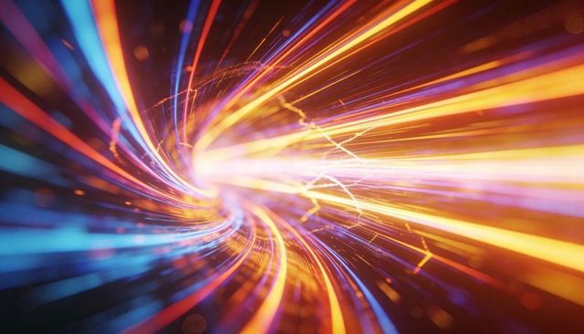 Swirling neon light vortex representing high-speed digital data stream and futuristic motion