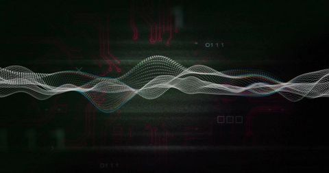 Dotted waveform flowing across hud with binary code and glitch cyber data visualization