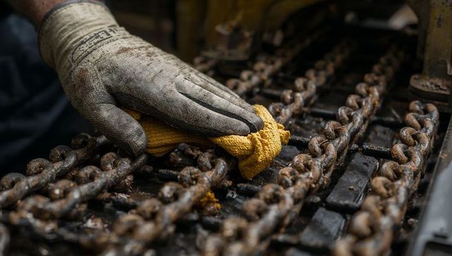 Gloved worker cleaning rusted roller chains with rag, grease maintenance close-up