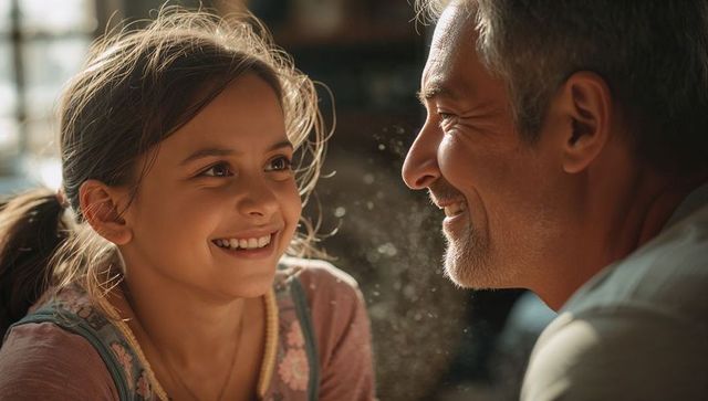 Father and daughter sharing warm sunlit moment, smiling closeup with dust motes