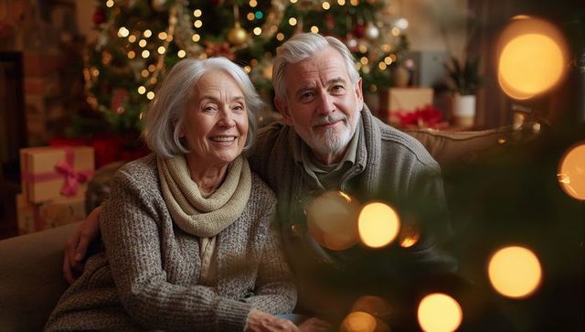 Smiling senior couple sitting on sofa celebrating cozy Christmas with tree and gifts