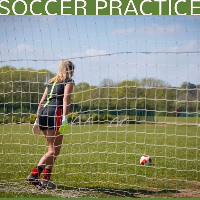 Square image of soccer practice and caucasian girl with ball. Soccer, sport, training and practice concept.
