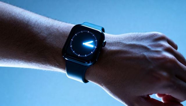 Minimalist smartwatch with glowing blue dial on adult male wrist, black silicone strap