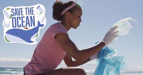 Eco-Conscious African American Woman Cleaning Beach with Ocean Conservation Message