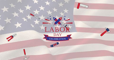 Labor day celebration with american flag and tools overlay