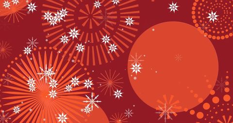 Festive Snowflakes and Fireworks on Dark Red Background