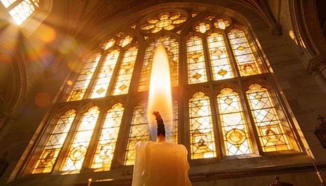 Glowing candle flame in gothic cathedral with stained glass light and melted wax drips