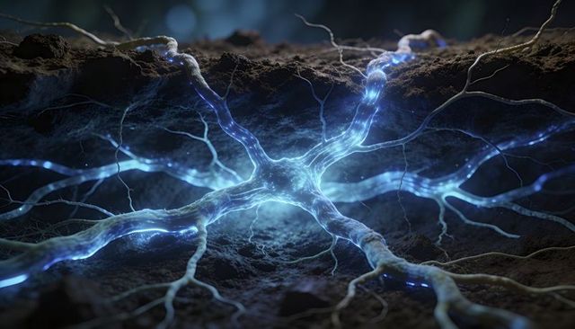 Glowing bioluminescent neural network emitting blue light through subterranean translucent filaments