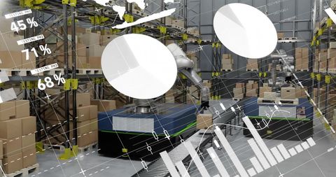 Visual representing integration of financial data in warehouse logistics. Robots work among stacked boxes, highlighting technology's role in efficient shipping. Useful for illustrating modern supply chain solutions, business technology advancements, or automation in warehouse management.