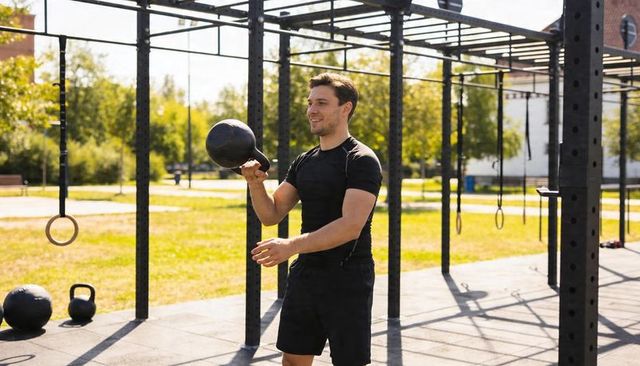 Fit man swinging kettlebell at outdoor rig strength training in sunlit park workout rings