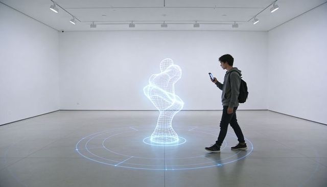 Young man walking through gallery interacting with holographic wireframe sculpture