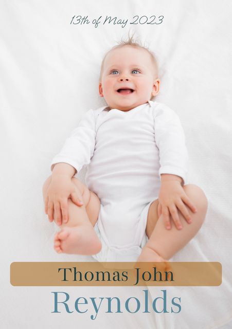 Smiling baby dressed in white lying on a white background with personalized birth details written above. Ideal for birth announcements, family photo albums, baby products or personalized keepsakes.