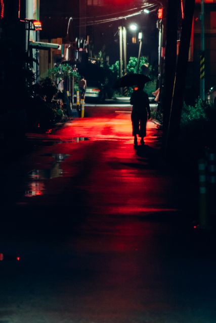 Silhouette walking alone in a dimly lit alley illuminated by red neon lights reflecting on wet pavement. Use for themes of solitude, mystery, urban exploration, nighttime adventures, or atmosphere in suspenseful scenes.