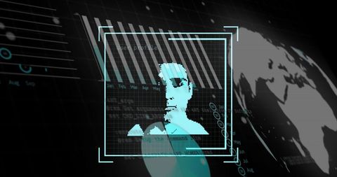 Digital profile portrait with data overlay on global technology background