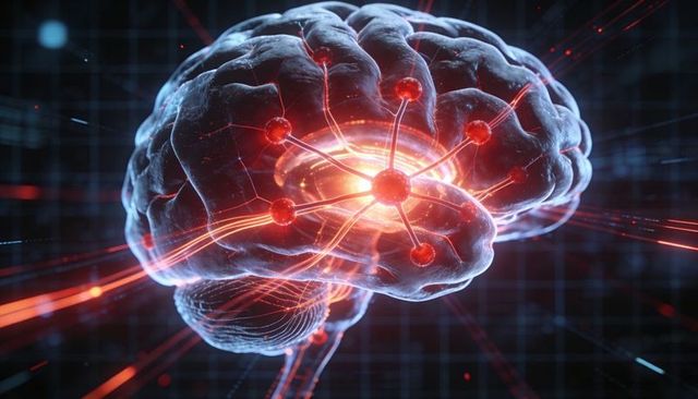 Pulsing neon neural hub inside translucent 3d brain visualization for ai and neuroscience